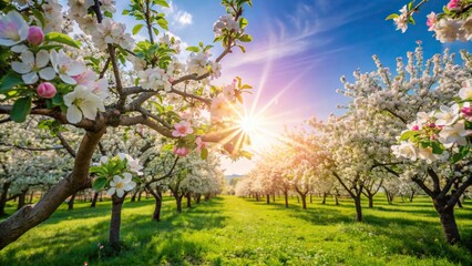 Wall Mural - Blossoming apple tree in a sunny orchard, spring, blooming, flowers, growth, nature, fruit tree, blossoms, pink, petals