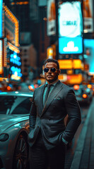 Wall Mural - A wealthy man in a tailored suit, standing confidently next to a luxury car, in front of a modern skyscraper. Background features a bustling urban environment with high-end shops. Generative AI.