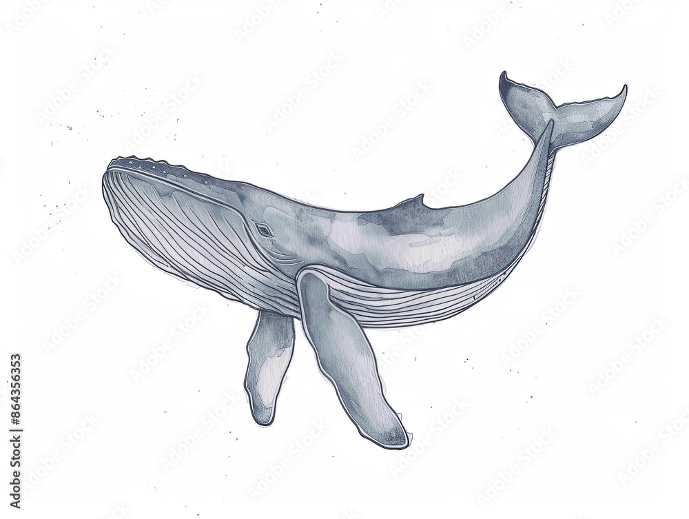 Watercolor illustration of a whale isolated on a white background. The ...