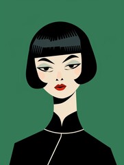 Wall Mural - A simple illustration of a woman with short black hair and red lips, wearing a black dress