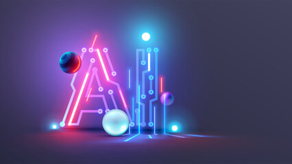 Leinwandbilder - AI logo or icon. Abstract technology conceptual background with AI neon letters. AI text consist at pcb, neon electronic signals in cyberspace. Artificial intelligence tech background or banner.