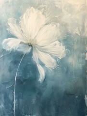 Canvas Print - A close-up painting of a single white flower on a blue background. The flower is abstract, with soft, flowing lines and a delicate texture. The background is a muted blue with brushstrokes visible