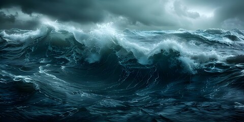 Canvas Print - Powerful portrayal of stormy sea with towering waves highlighting nature's force. Concept Nature's Fury, Stormy Seas, Towering Waves, Nature's Power, Dramatic Landscapes