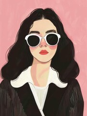 Wall Mural - A digital illustration of a woman with long black hair wearing white sunglasses. She is wearing a black and white striped jacket and a white collar