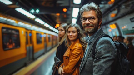 Happy commuters, dressed in both casual and business attire, are seen waiting at the subway platform, showcasing urban life, daily commute, and social connections in a city.