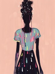 Wall Mural - A digital illustration of a woman with a black silhouette wearing a blue t-shirt and a black skirt with colorful paint dripping down the front of her clothing