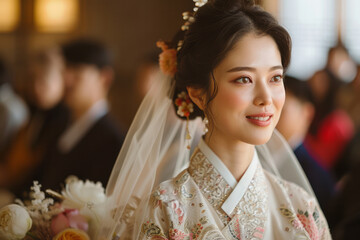 Sticker - Elegant Korean wedding with traditional hanbok attire, Confucian rituals, and serene settings,