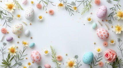 Poster - Easter minimalistic banner on white background, pastel colors, top view. Generative AI.