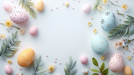 Poster - Easter minimalistic banner on white background, pastel colors, top view. Generative AI.