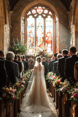 Poster - Classic English wedding with elegant gowns, historic church settings, and traditional customs,
