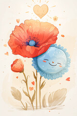 Wall Mural - Cheerful Blossom Buddies Cute Floral Illustration with Smiling Poppy and Cornflower Hugging Under Heart Sun