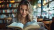 © Lens Legacy - A lady with long hair, peacefully reading a book in a charming coffee shop. The quiet and quaint atmosphere with bookshelves create a perfect reading environment.