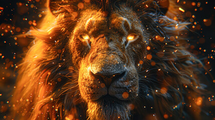 Wall Mural - A lion with a glowing eye is the main focus of the image