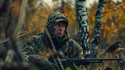 Hunter in camouflage with a gun hunting on black grouse. Hunting for game birds. Hunters open season in autumn.Generate AI