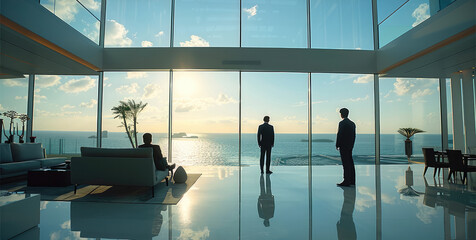 Poster - Several modern Chinese men in formal attire in front of the floor-to-ceiling glass in the living room, with the ocean and views beyond. Generative AI.