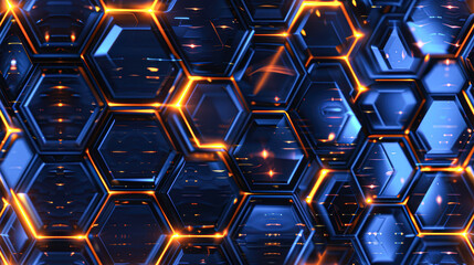 Wall Mural - A blue and orange hexagonal pattern with a bright yellow glow