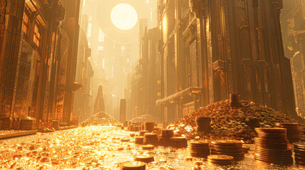 Poster - A gold-colored city with many buildings and a large pile of gold coins