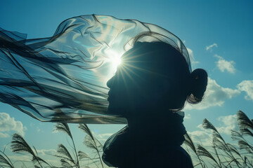Poster - Silhouette of a person with a barcode scarf blowing in the wind,