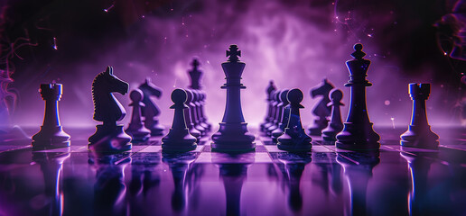 A dark background with chess pieces in purple and black silhouette, minimalist simple shapes, The lighting is dimmed, creating a mysterious atmosphere. Generative AI.