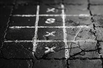 Aufkleber - Clean, minimalist tic-tac-toe with lines made of dotted lines and markers as simple circles and squares,