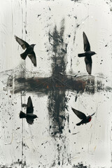 Poster - Artistic tic-tac-toe with lines as delicate brush strokes and markers as tiny birds,