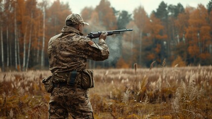 Hunter in camouflage with a gun hunting on black grouse. Hunting for game birds. Hunters open season in autumn.Generate AI