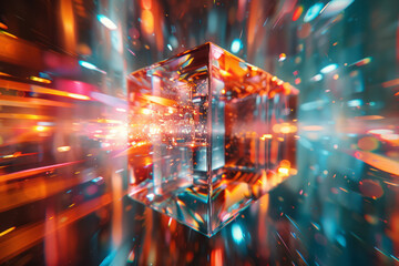 Poster - Spinning cube fragments scattering in a kaleidoscope of electric tones,
