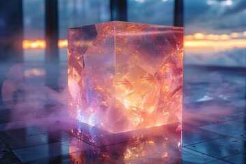 Aufkleber - Rotating cube dissolving into a cloud of luminous, prismatic hues,