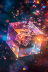 Poster - Cube in motion, exploding into a spectrum of vibrant shades,