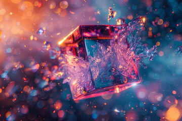 Aufkleber - Spinning cube breaking apart into a dazzling burst of neon colors,
