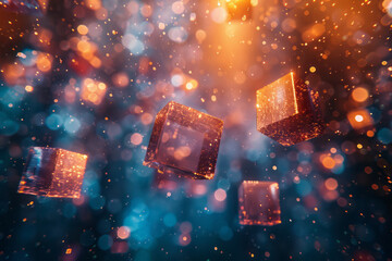 Aufkleber - Spinning cube fragments flying off in a burst of radiant tones,