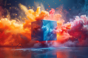 Poster - a cube breaking apart mid-spin, releasing a cloud of vivid colors,