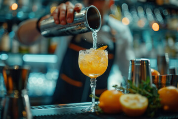 Poster - Elegant shot of a bartender pouring a cocktail with a graceful arc, capturing the fluid motion and colors,