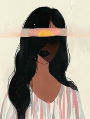 Wall Mural - A digital painting of a woman with long black hair wearing a striped shirt. Her eyes are hidden by a sunset painted across her forehead