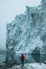 Poster - Clean, minimalist depiction of a scientist studying a glacier,