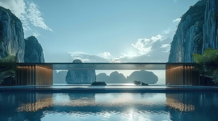 Wall Mural - the luxury villa in front of limestone outcrops and the sea of phang nga in thailand. generative ai.