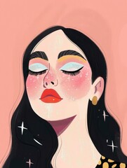 Wall Mural - A digital illustration of a woman with black hair, red lips, and closed eyes, set against a pink background