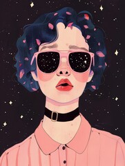 Wall Mural - A digital illustration of a woman wearing sunglasses with a galaxy inside, a black choker necklace, and a pink shirt. The background is dark blue with stars