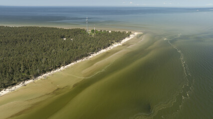 Sticker -  A bird's-eye perspective of a sizable water body with a sandy shore in the foreground and a backdrop of trees