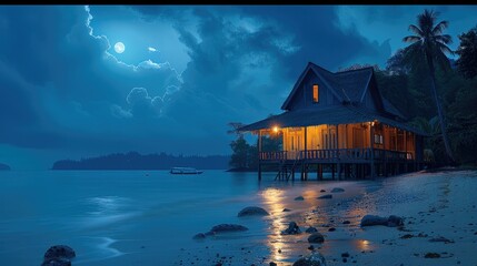 Aufkleber - A old wood Asian house in front of the sea during the night. Generative AI.