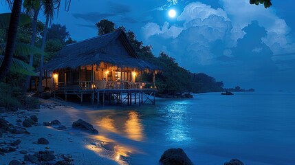Aufkleber - A old wood Asian house in front of the sea during the night. Generative AI.