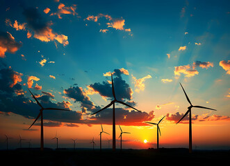 Wall Mural - Silhouettes of wind turbines against the backdrop of sunset sky, concept on theme of renewable energy and green power. Wind turbines