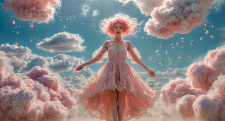 Wall Mural - Beautiful woman in pink dress on sky background