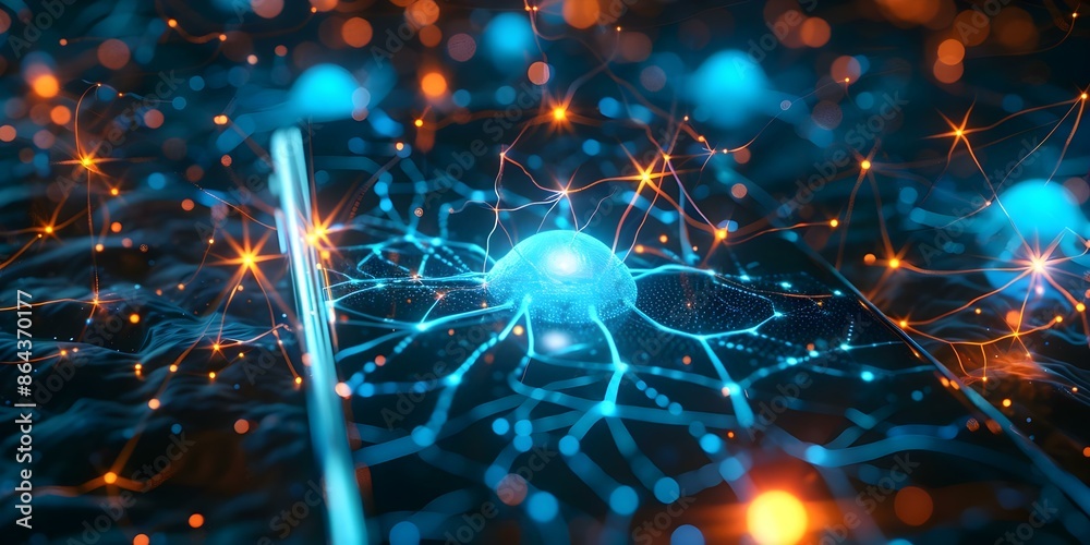 Visualization of illuminated neuron cells on smartphone for biology network concept. Concept Neuron Cells, Illuminated, Smartphone, Biology Network, Visualization