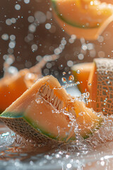 Wall Mural - Fresh Juicy Cantaloupe Splashing in Water   Refreshing Summer Fruit Concept