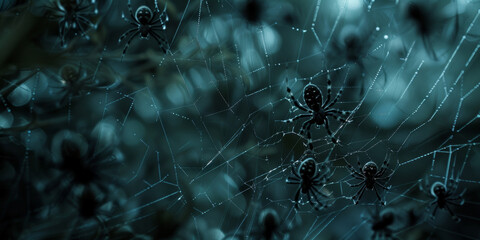 Eerie Atmosphere with Tiny Black Spiders on Web Against Dark Blurred Background