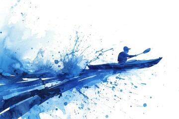 Artistic blue watercolor illustration of a canoeing athlete in action at the Paris 2024 Olympics, capturing the dynamic movement and competitive spirit of water sports, Generative AI