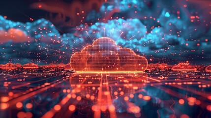 Wall Mural - An abstract 3D illustration of a cloud composed of digital particles, with network lines connecting it to various devices, representing a digital ecosystem.