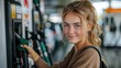 © Lens Legacy - A young blonde woman refuels her car at a gas station, wearing casual attire and smiling warmly. The image captures a cheerful everyday moment with a sunny ambiance.