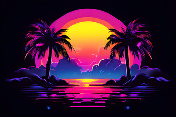 Poster - This retro background explodes with a vibrant sunburst reminiscent of 80s and 90s pop culture. Neon gradients and bold colors create a dazzling backdrop for your next cyberpunk or disco-themed project